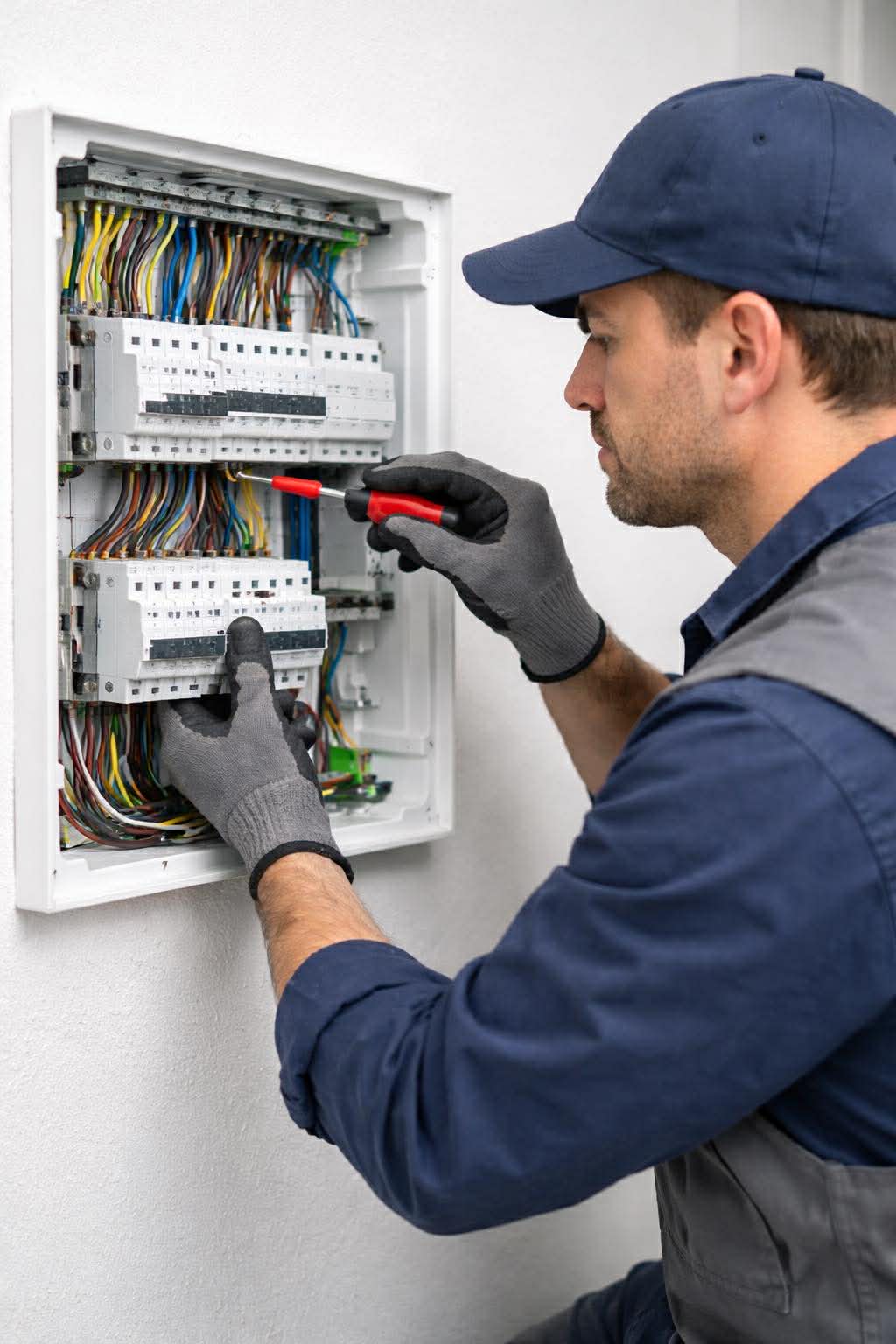 électricien intervenant sur un tableau électrique